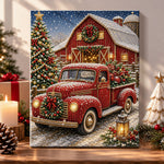 Red pick‑up truck at snowy barn pearl diamond painting kit for beginners