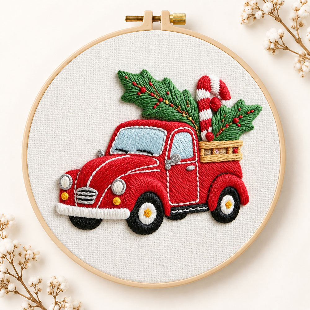 Red pick‑up with holly embroidery kit