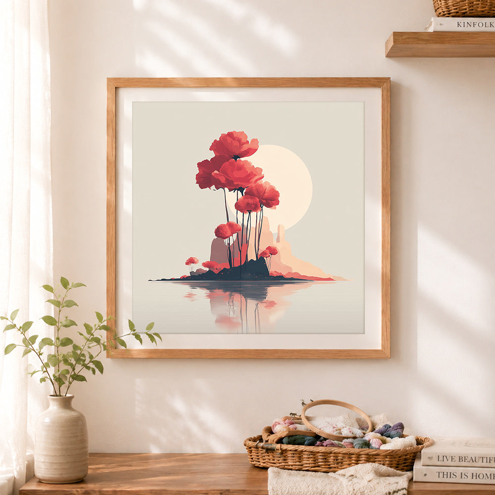 Finished red poppies on calm water cross stitch artwork displayed as home decor