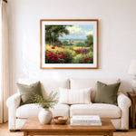 Finished red poppies on the spring grassland cross stitch artwork displayed as home decor