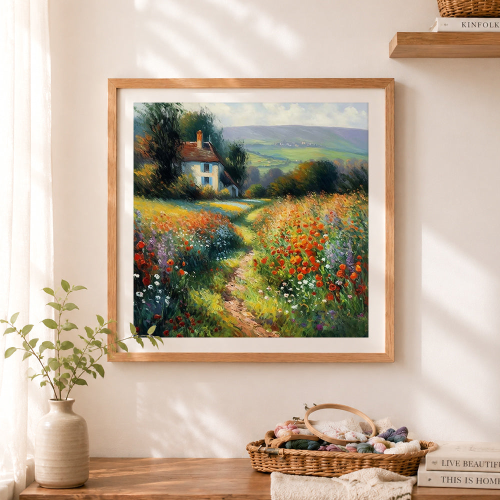 Finished red poppy field cottage cross stitch artwork displayed as home decor