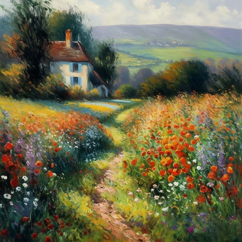 Red poppy field cottage cross stitch kit for beginners