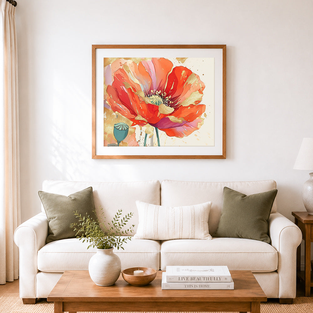 Finished red poppy with gold leaf accents cross stitch artwork displayed as home decor