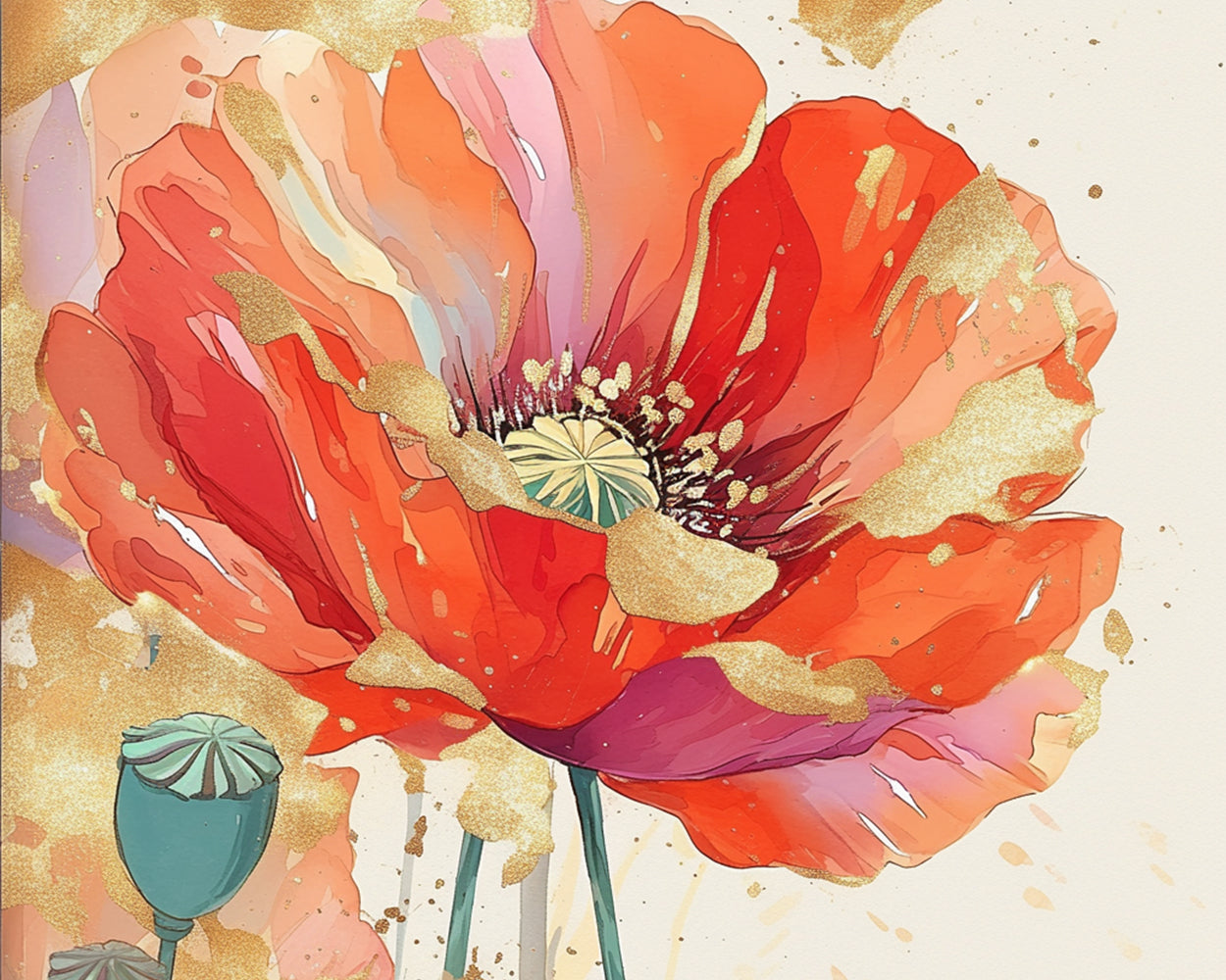 Red poppy with gold leaf accents cross stitch kit for beginners