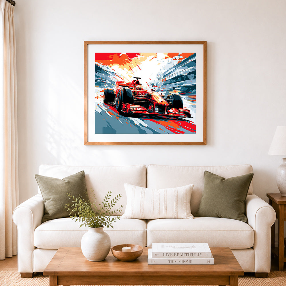 Finished red racing car cross stitch artwork displayed as home decor
