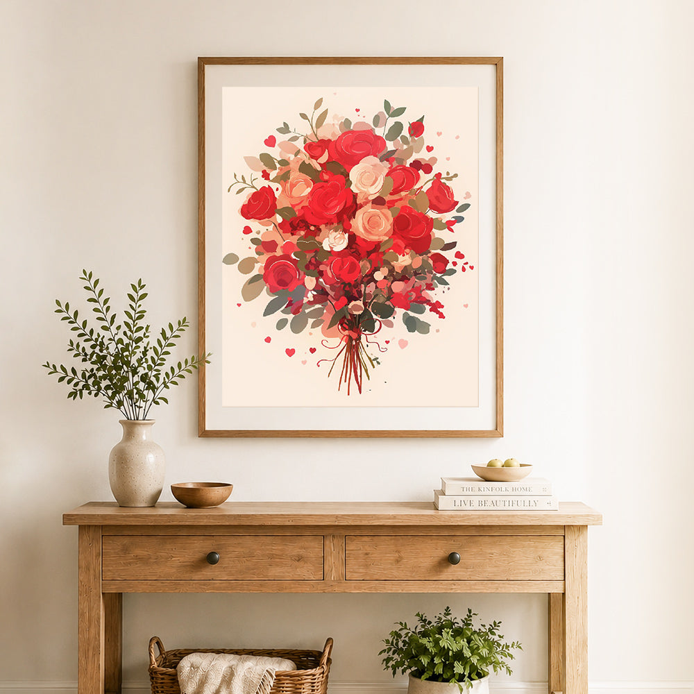 Finished red rose bouquet cross stitch artwork displayed as home decor