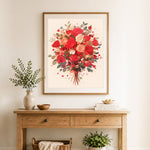 Finished red rose bouquet cross stitch artwork displayed as home decor
