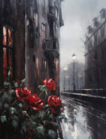 Red roses on rainy street cross stitch kit for beginners