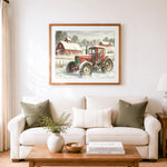 Finished red tractor in snowy farmland cross stitch artwork displayed as home decor