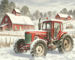 Red tractor in snowy farmland cross stitch kit for beginners