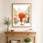 Finished red umbrella paris cross stitch artwork displayed as home decor