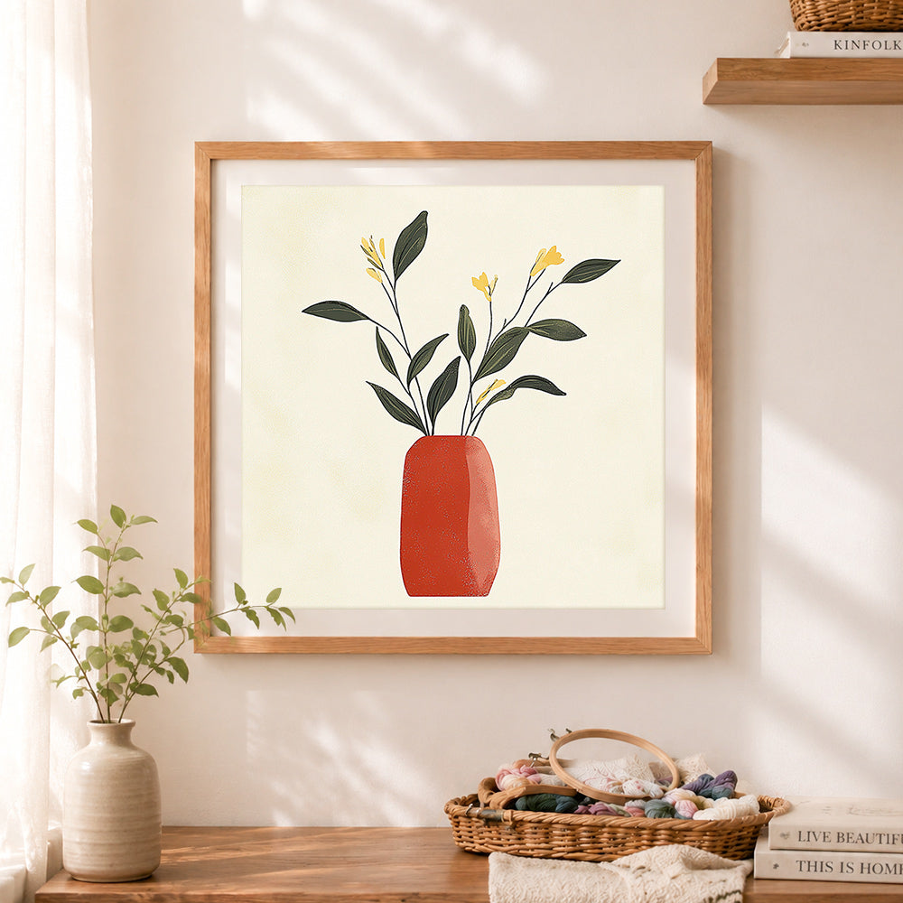 Finished red vase with yellow florals cross stitch artwork displayed as home decor