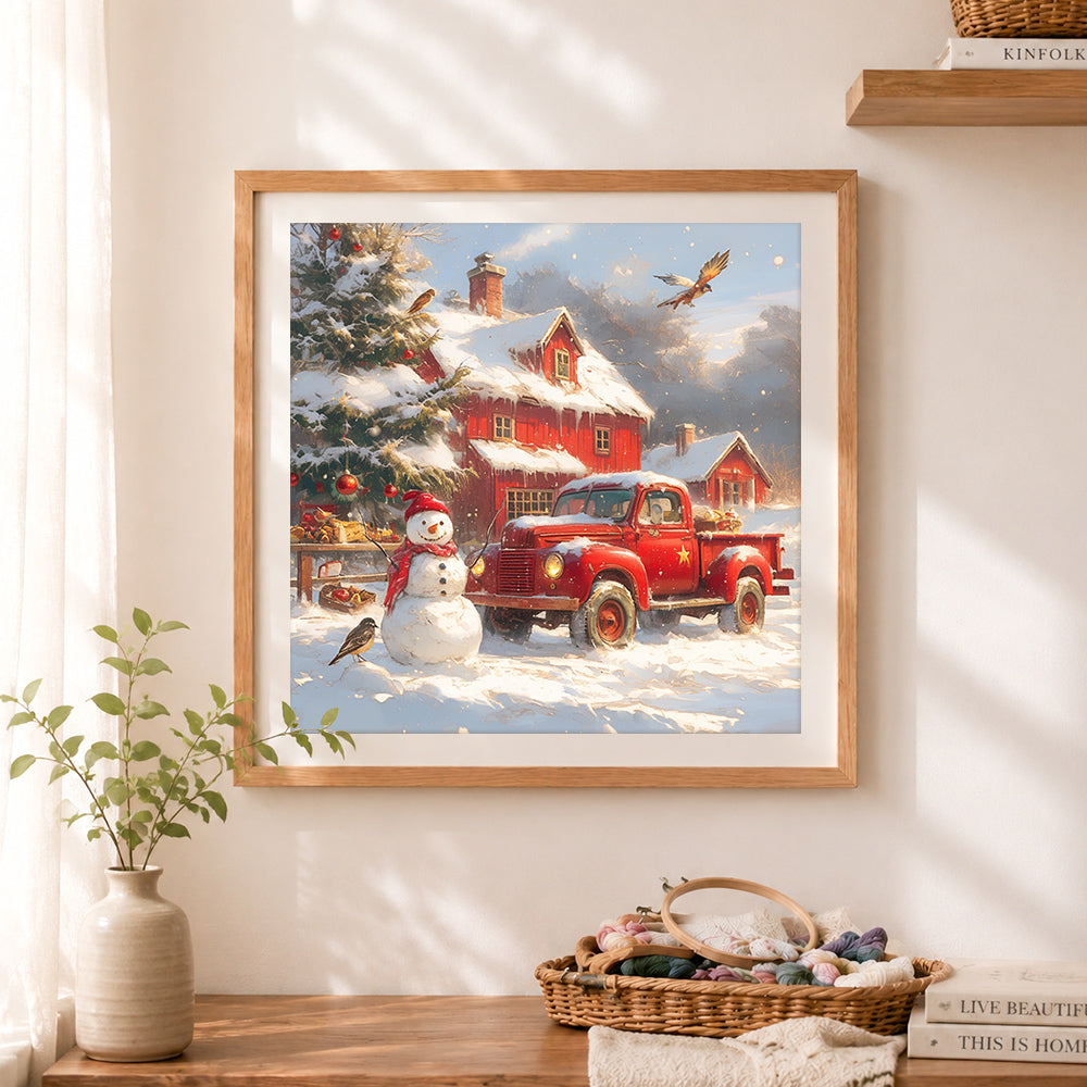 Finished red vintage truck with snowman cross stitch artwork displayed as home decor
