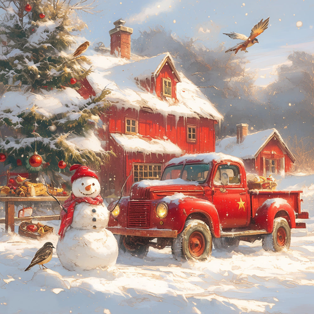 Red vintage truck with snowman cross stitch kit for beginners