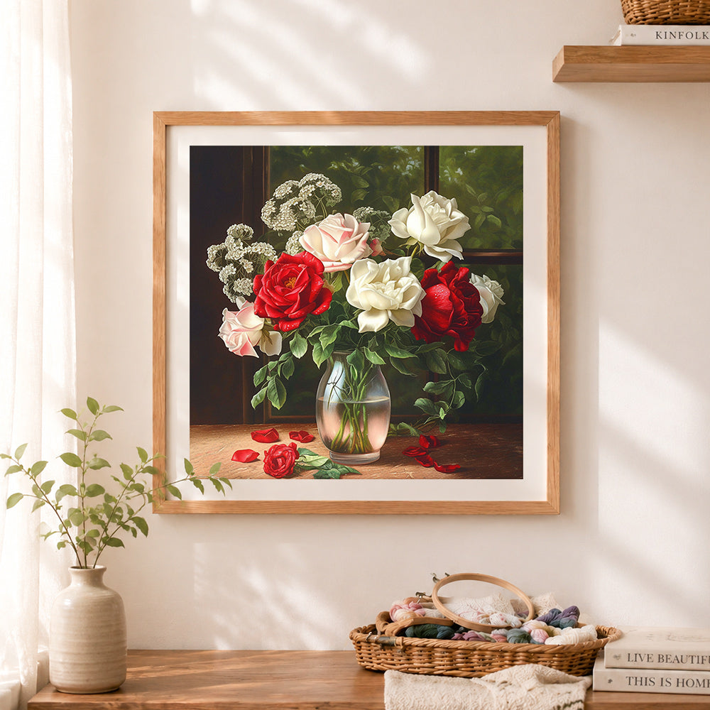 Finished red white rose floral vase cross stitch artwork displayed as home decor