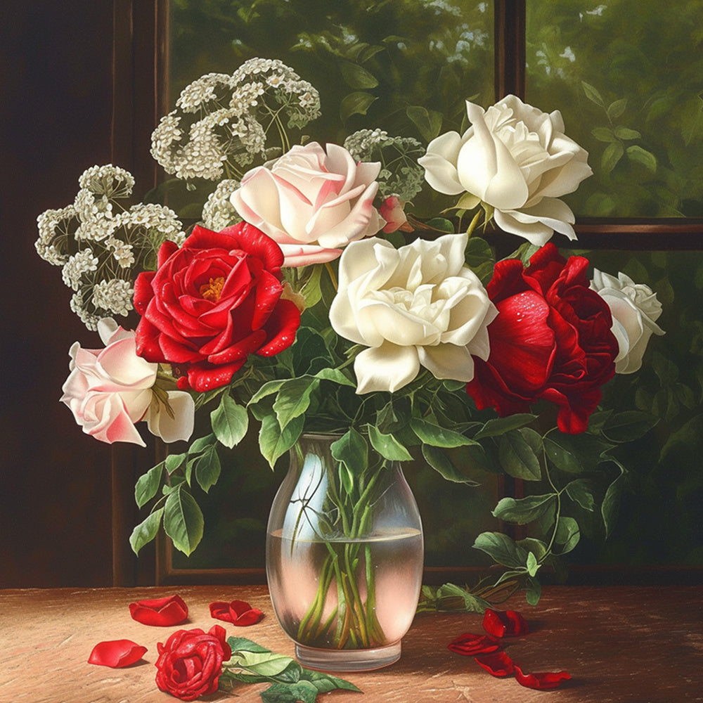 Red white rose floral vase cross stitch kit for beginners