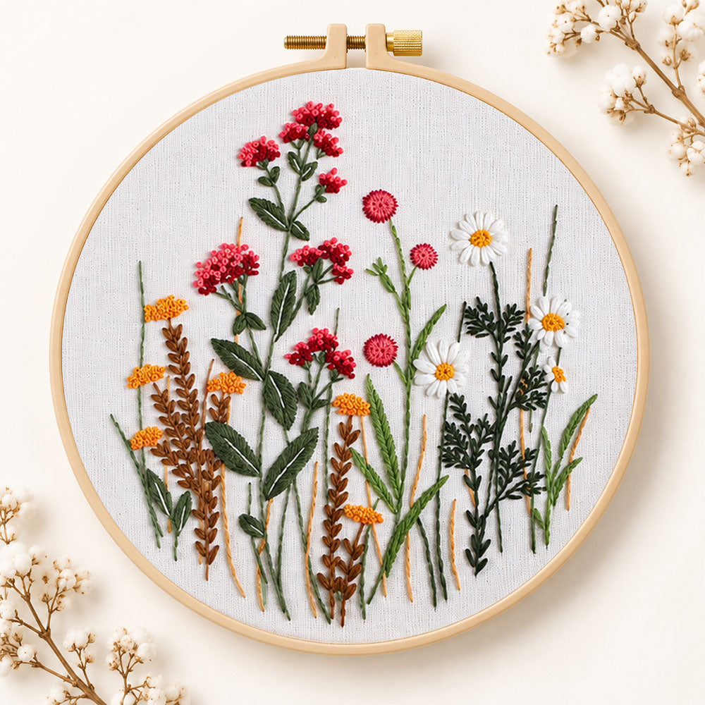 Red wildflower bouquet embroidery kit