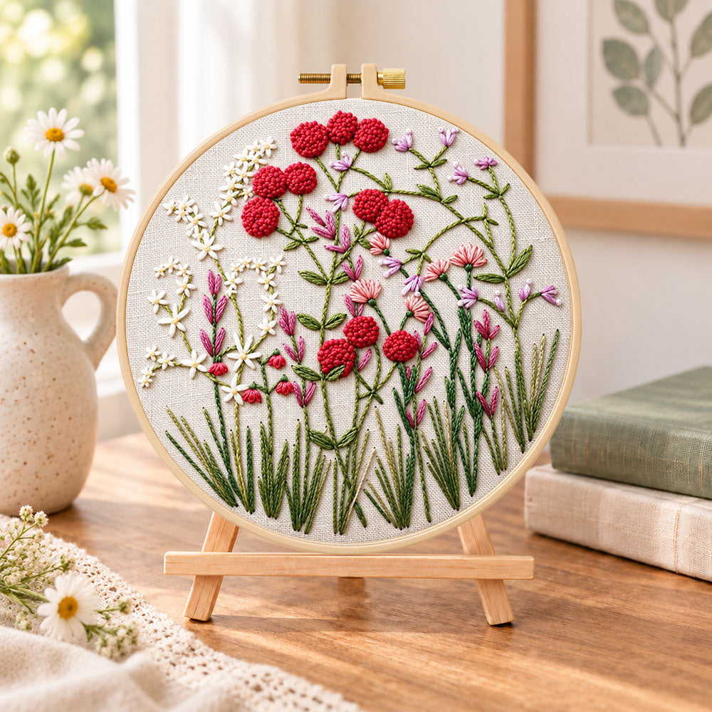 Red wildflower patch embroidery kit finished hoop displayed on a wooden stand as cozy tabletop decor