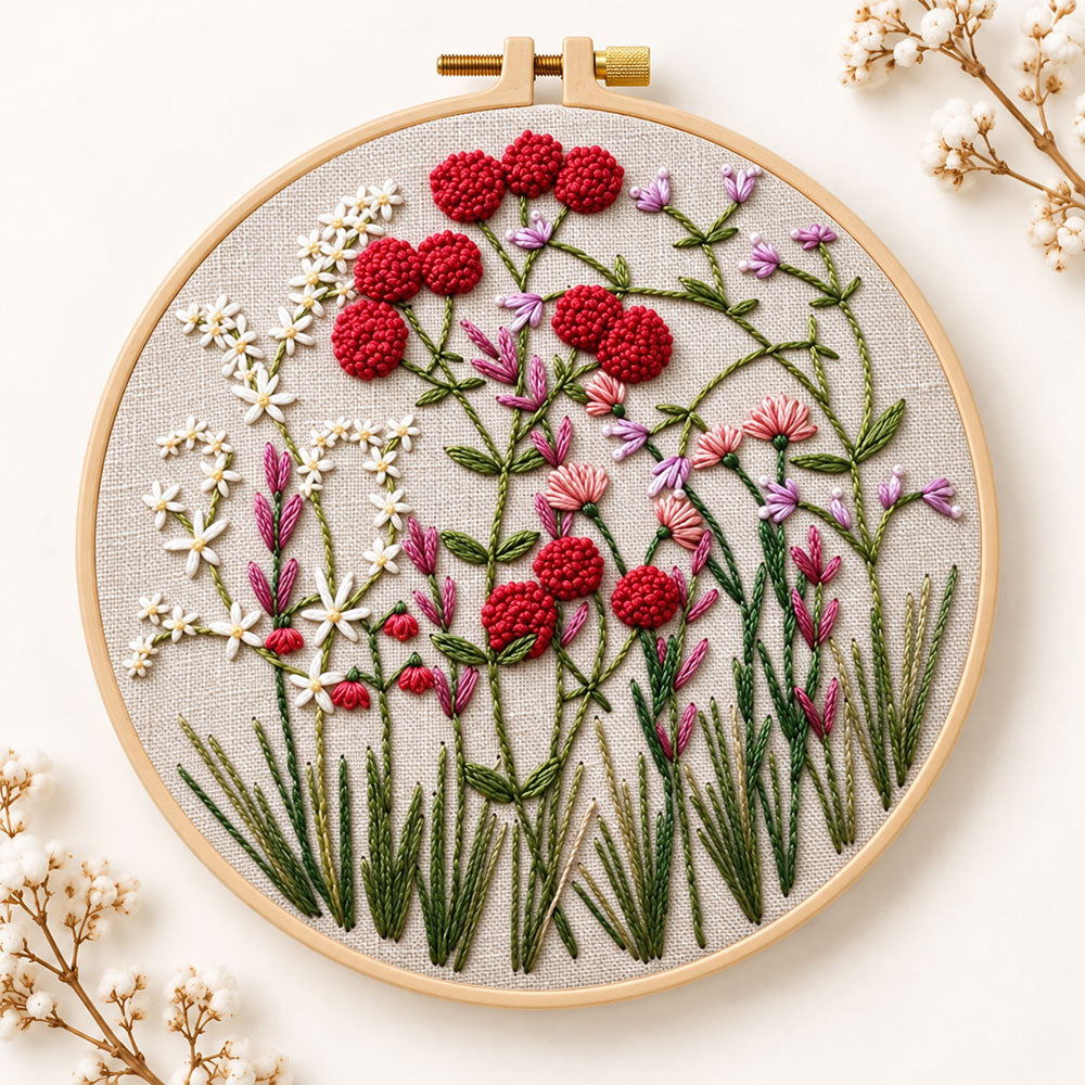 Red wildflower patch embroidery kit
