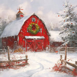 Red winter barn with christmas wreath cross stitch kit for beginners