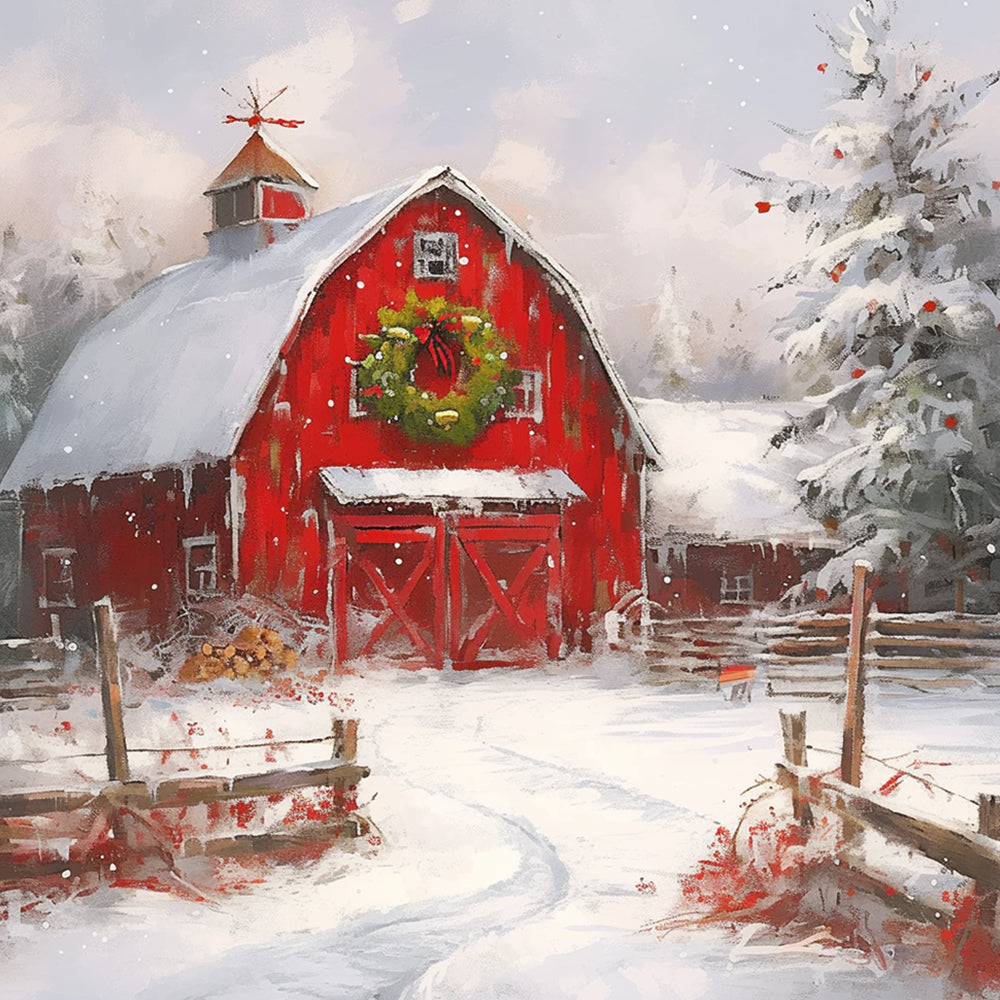 Red winter barn with christmas wreath cross stitch kit for beginners