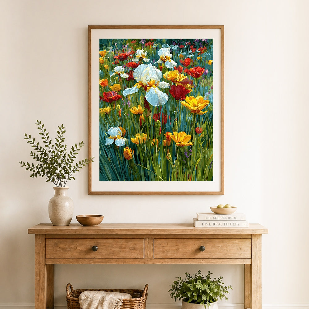 Finished red yellow and white irises in green grass cross stitch artwork displayed as home decor