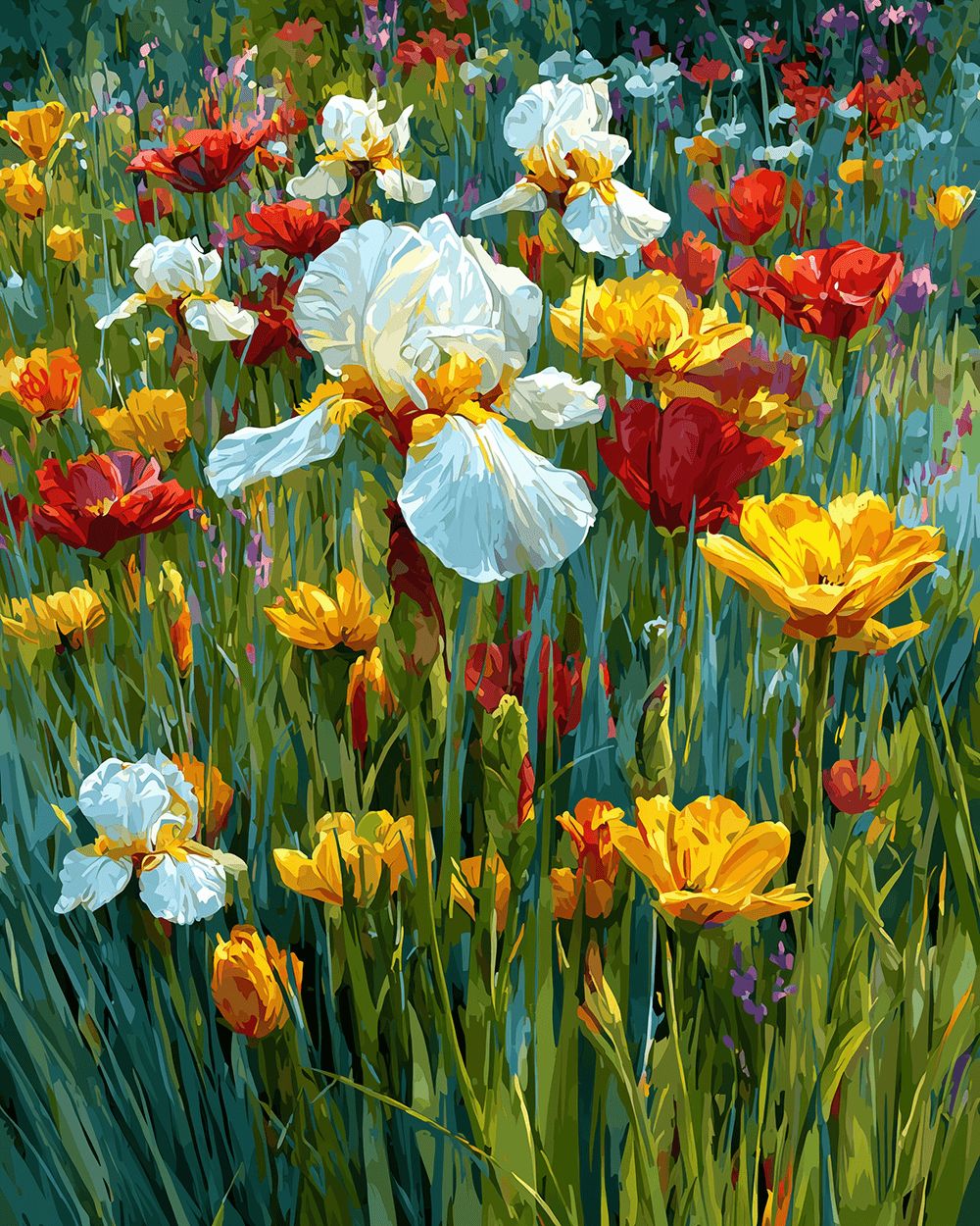 Red yellow and white irises in green grass cross stitch kit for beginners