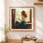Finished redhead girl reading cross stitch artwork displayed as home decor