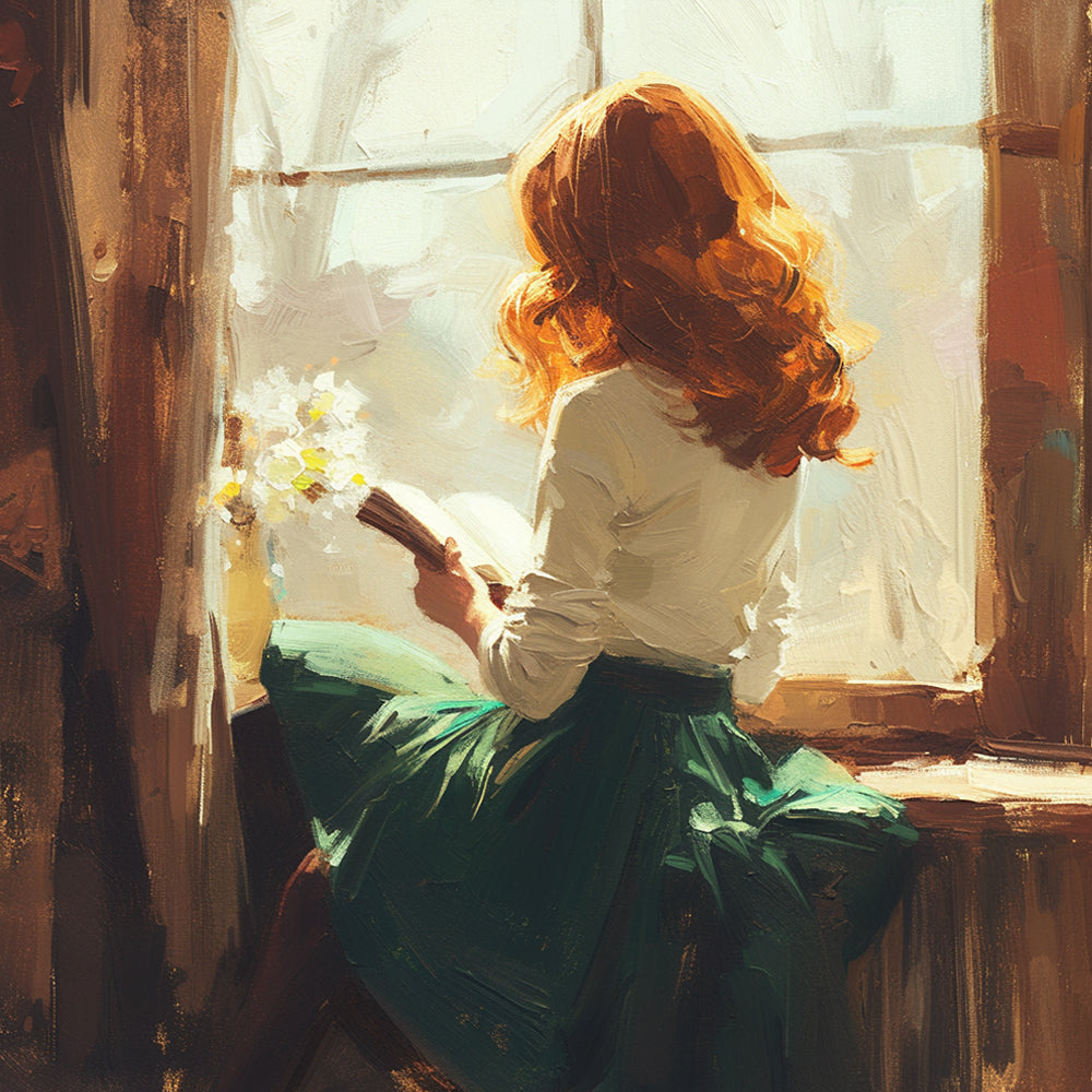 Redhead girl reading cross stitch kit for beginners