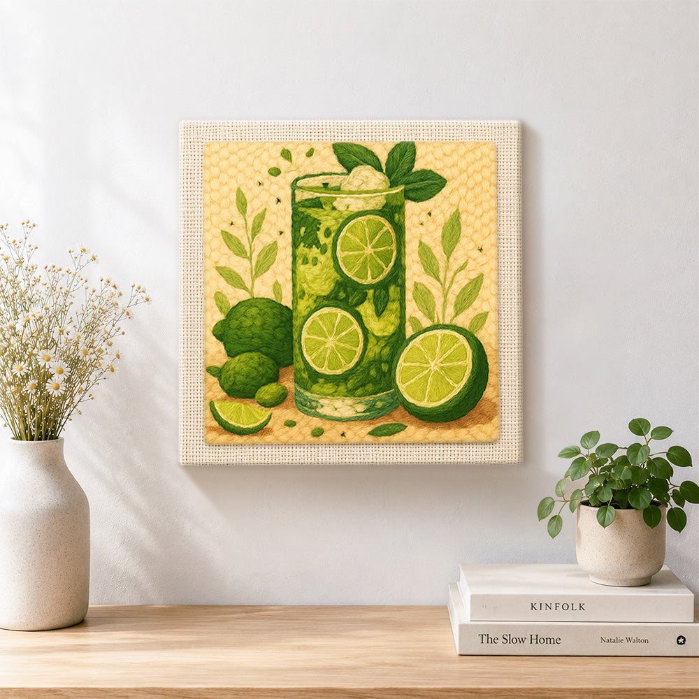 Finished refreshing lime green cocktail artwork displayed on a wall