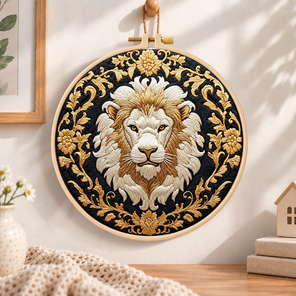 Regal golden lion embroidery hoop wall art displayed as warm and cozy handmade home decor