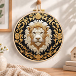 Regal golden lion embroidery hoop wall art displayed as warm and cozy handmade home decor
