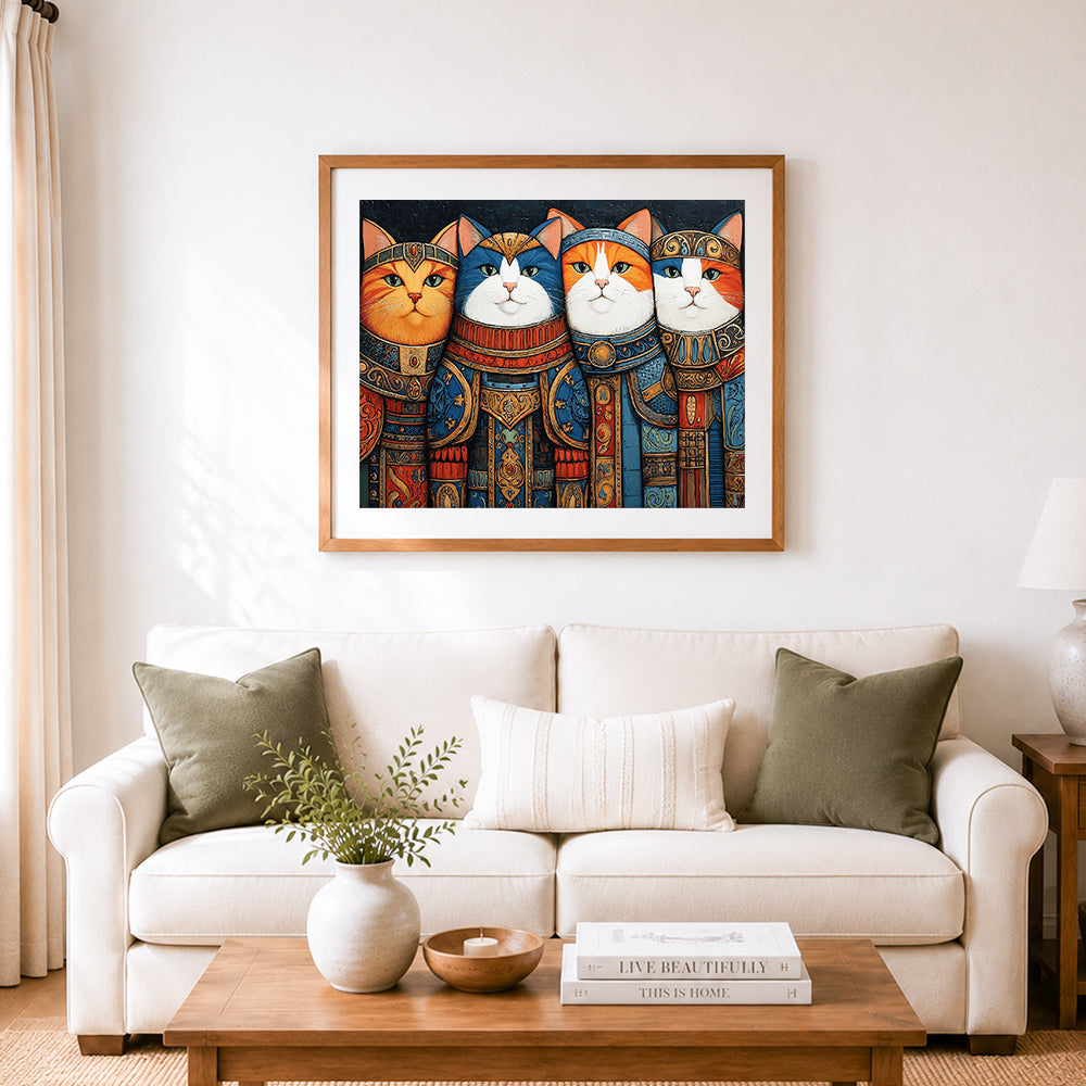 Finished regal royal cats cross stitch artwork displayed as home decor