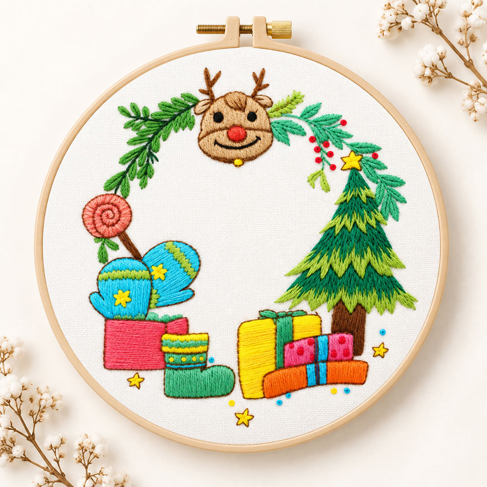 Reindeer and gifts scene embroidery kit