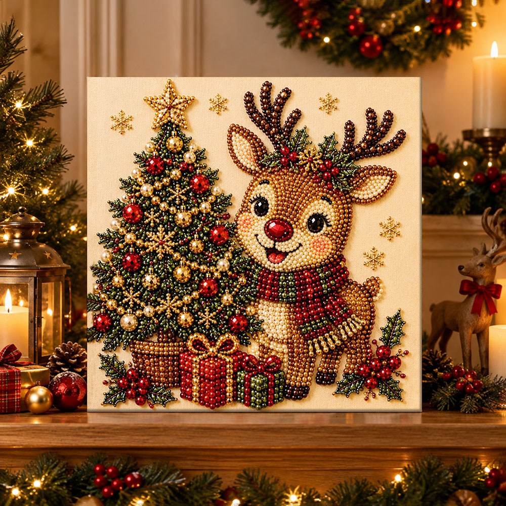 Finished reindeer beside christmas tree pearl diamond painting artwork displayed as holiday home decor