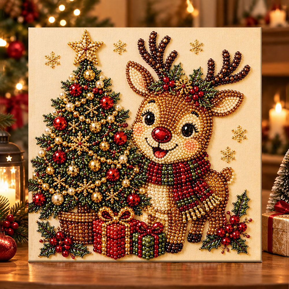 Reindeer beside christmas tree pearl diamond painting kit for beginners