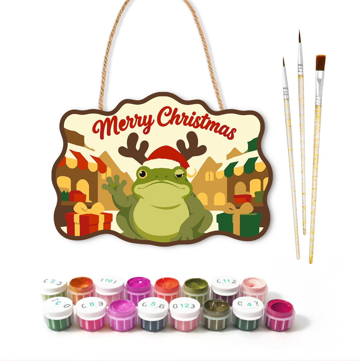 Reindeer frog town visit paint by numbers door hanger with paints and brushes