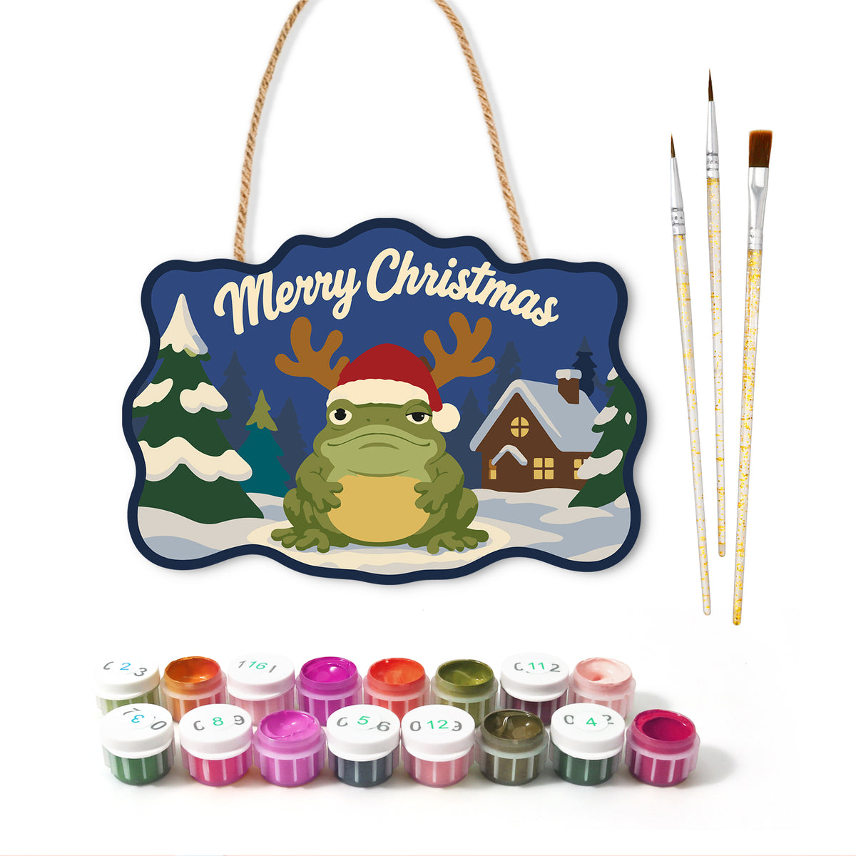 Reindeer frog vibe paint by numbers door hanger with paints and brushes