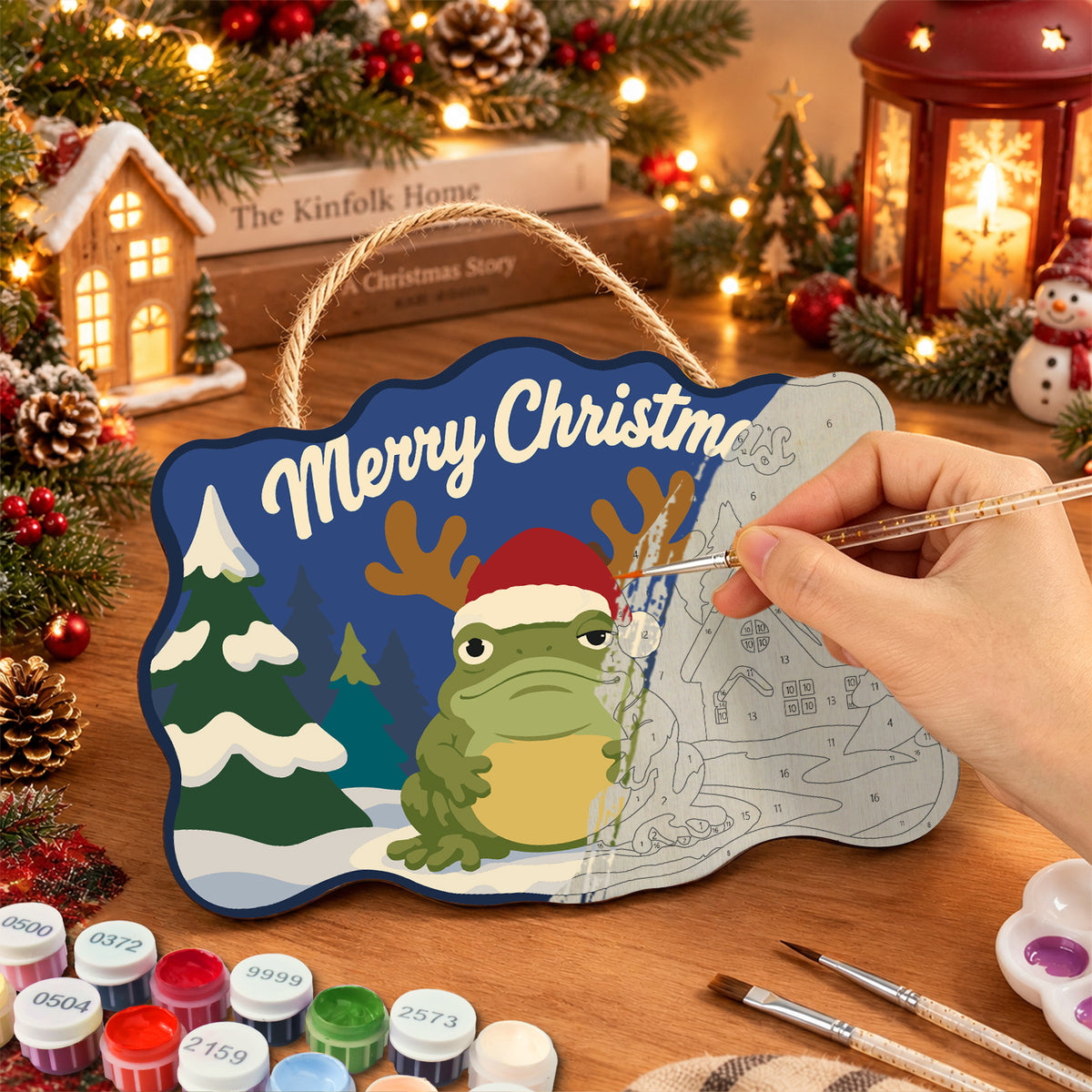 Reindeer frog vibe paint by numbers door hanger painting process