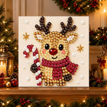Finished reindeer holding candy cane pearl diamond painting artwork displayed as holiday home decor