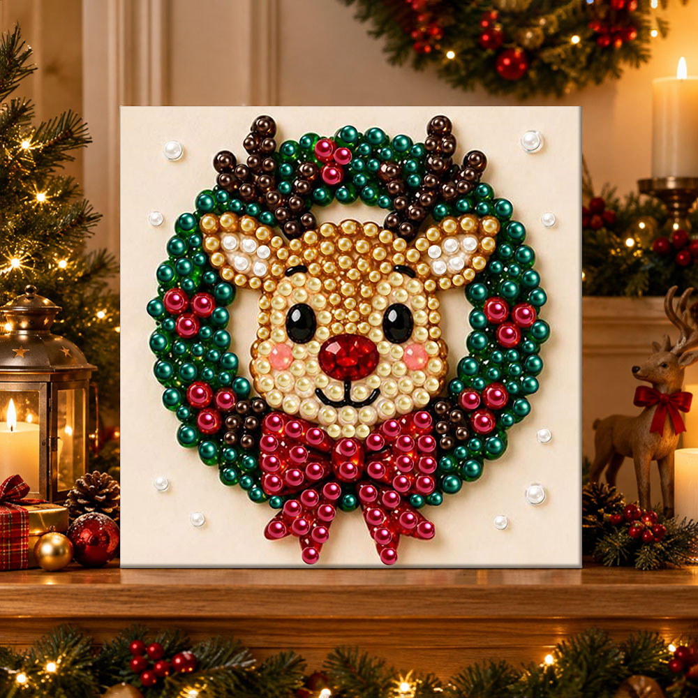 Finished reindeer inside holiday wreath pearl diamond painting artwork displayed as holiday home decor