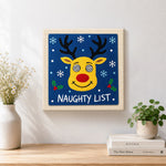Finished reindeer naughty list art artwork displayed on a wall