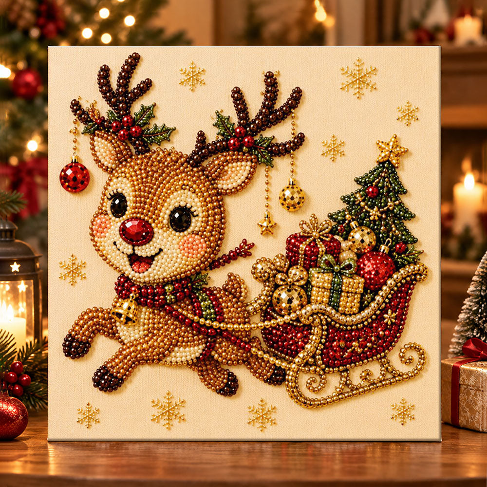Reindeer pulling gift‑loaded sleigh pearl diamond painting kit for beginners
