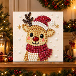 Finished reindeer wearing santa hat pearl diamond painting artwork displayed as holiday home decor
