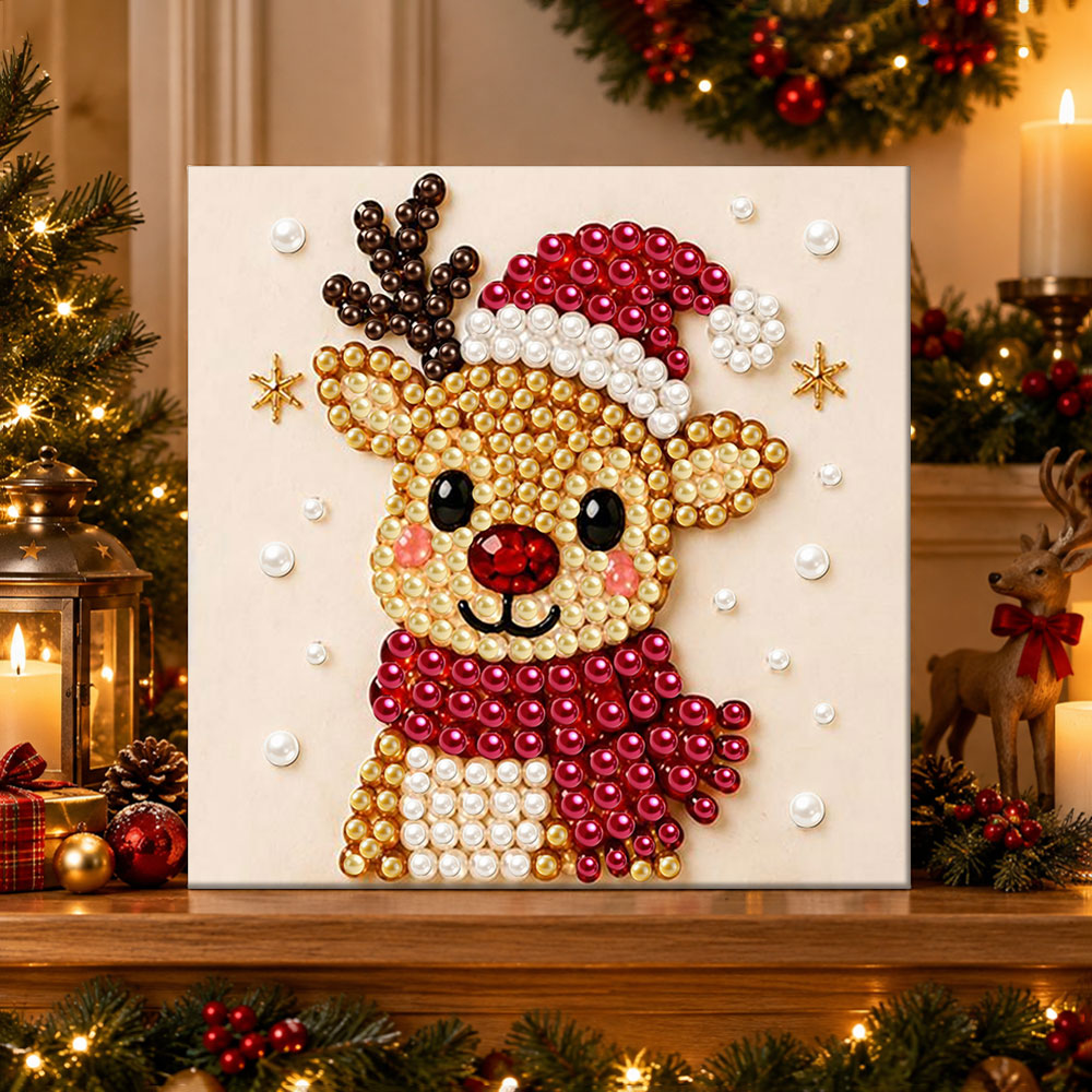 Finished reindeer wearing santa hat pearl diamond painting artwork displayed as holiday home decor
