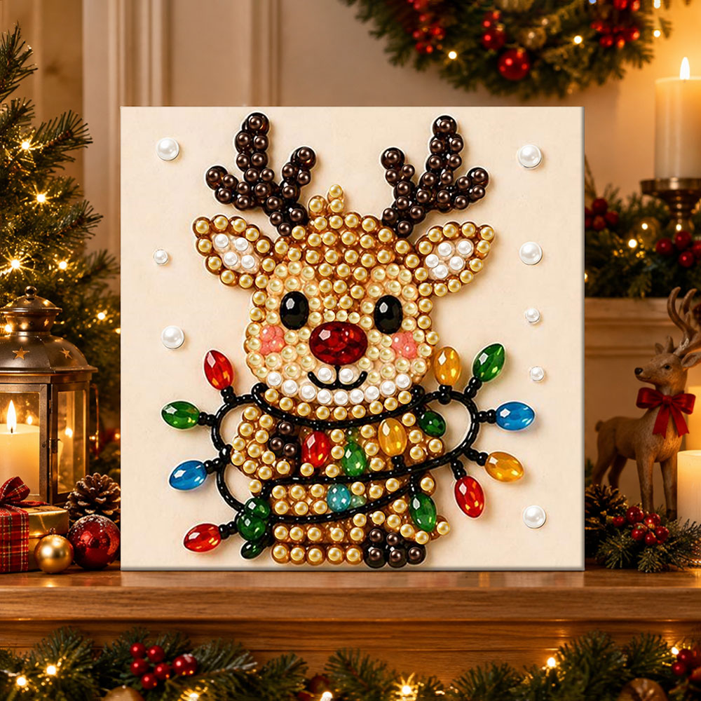 Finished reindeer with colorful string lights pearl diamond painting artwork displayed as holiday home decor