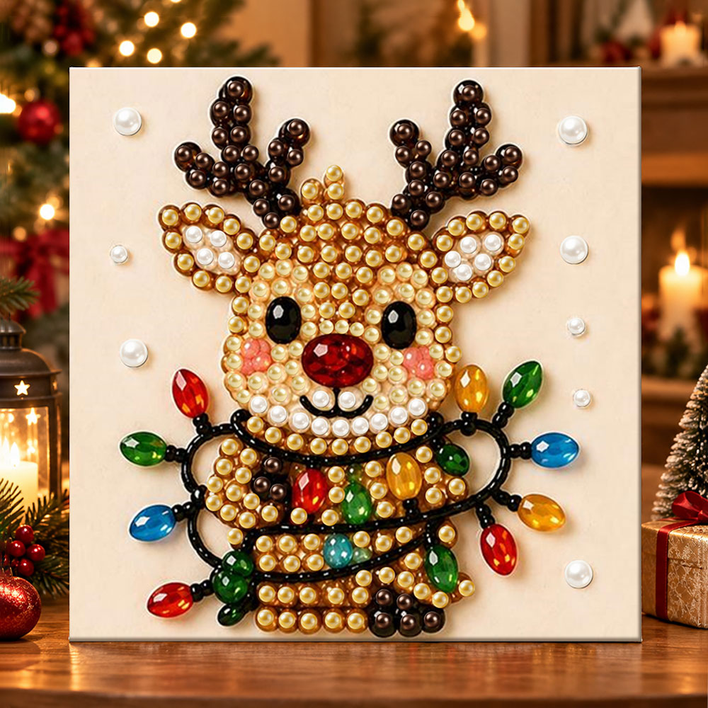 Reindeer with colorful string lights pearl diamond painting kit for beginners