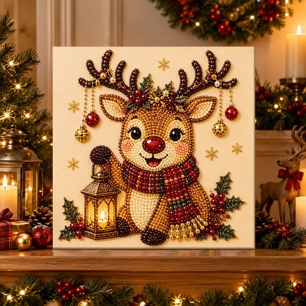 Finished reindeer with vintage lantern pearl diamond painting artwork displayed as holiday home decor
