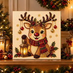 Finished reindeer with vintage lantern pearl diamond painting artwork displayed as holiday home decor