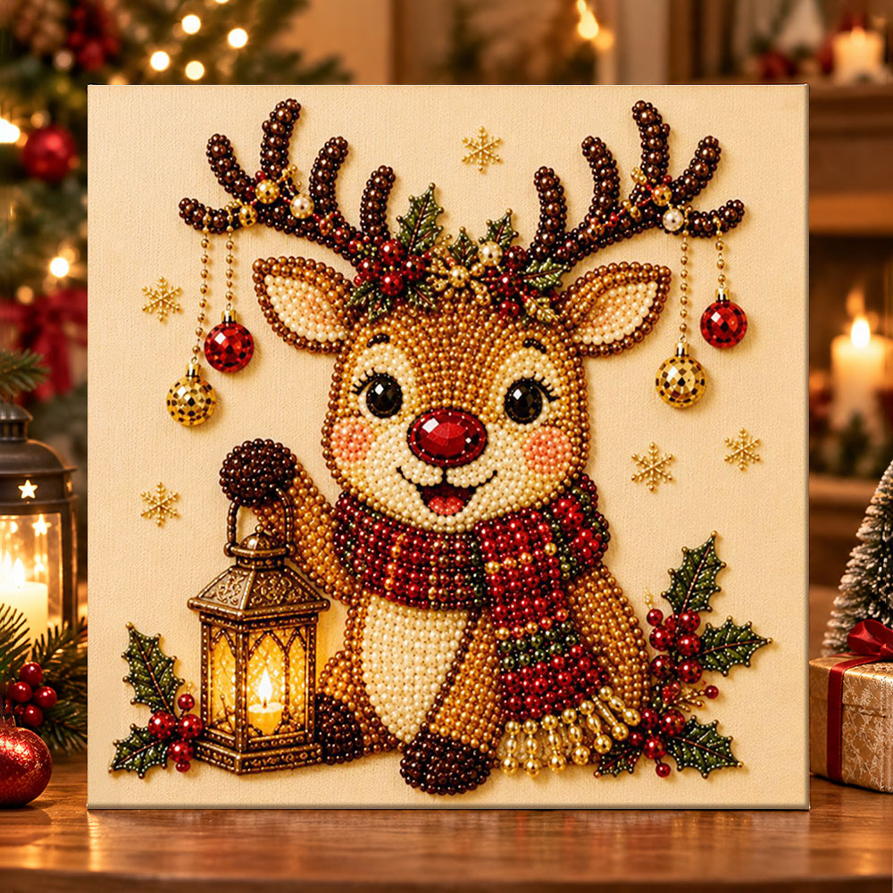 Reindeer with vintage lantern pearl diamond painting kit for beginners